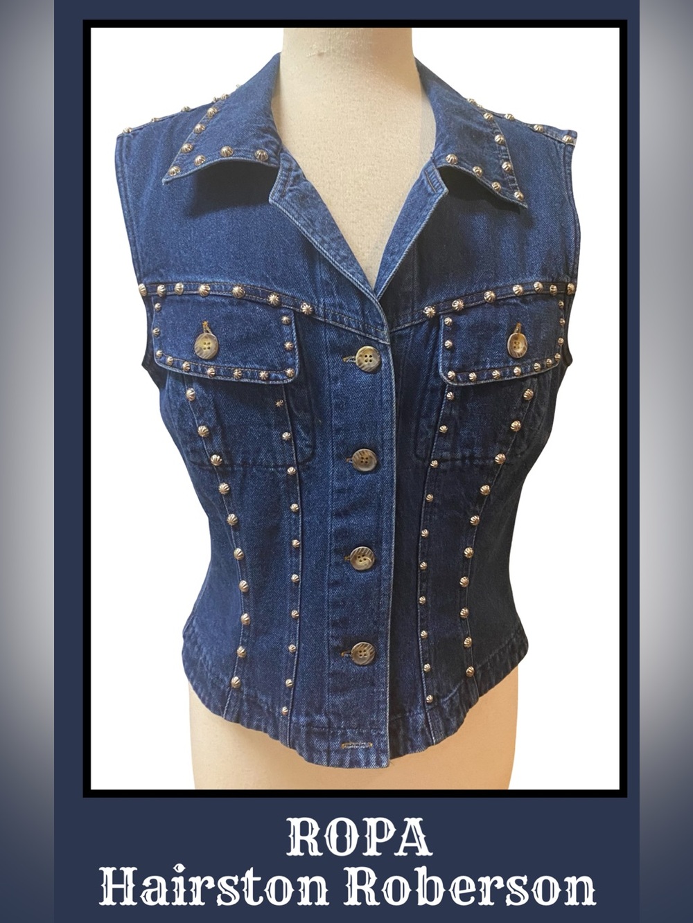 ROPA Hairston Roberson Vest Top made in USA Navy Denim Silver Nailheads  NEW L